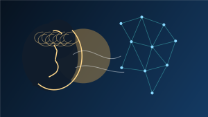 Editorial illustration of a human profile merging with an abstract AI neural network