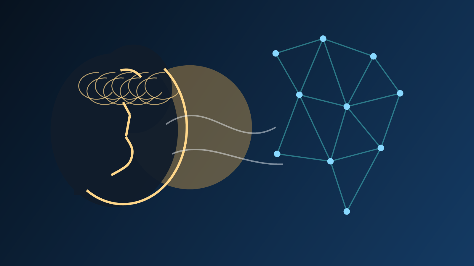 Editorial illustration of a human profile merging with an abstract AI neural network