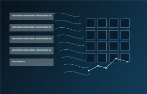 Abstract illustration of patterns, language, and signals flowing into an AI prediction system