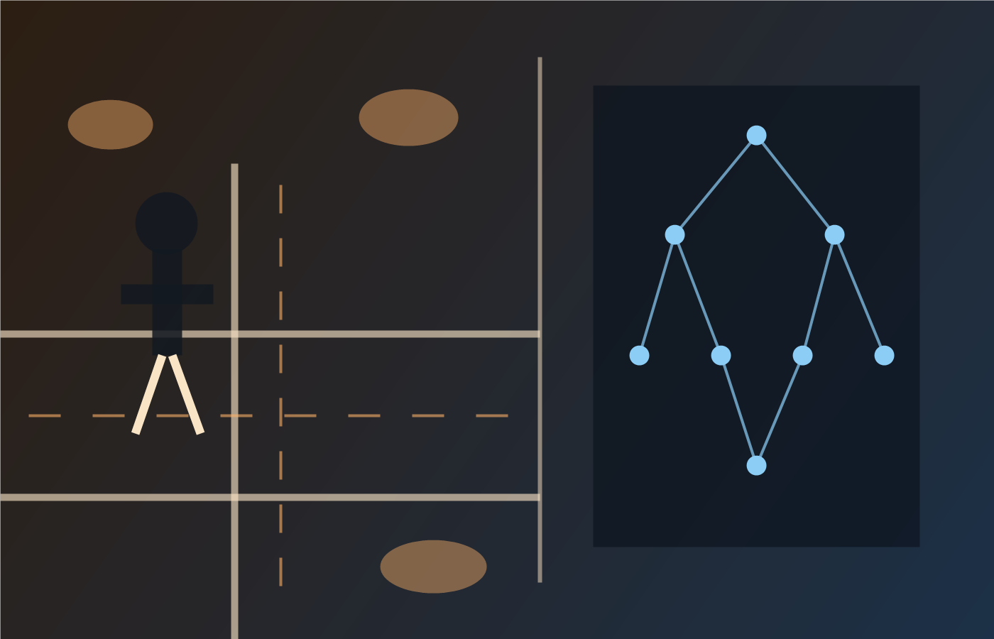 Illustration comparing human embodied judgment in a real-world setting with a simplified AI decision tree